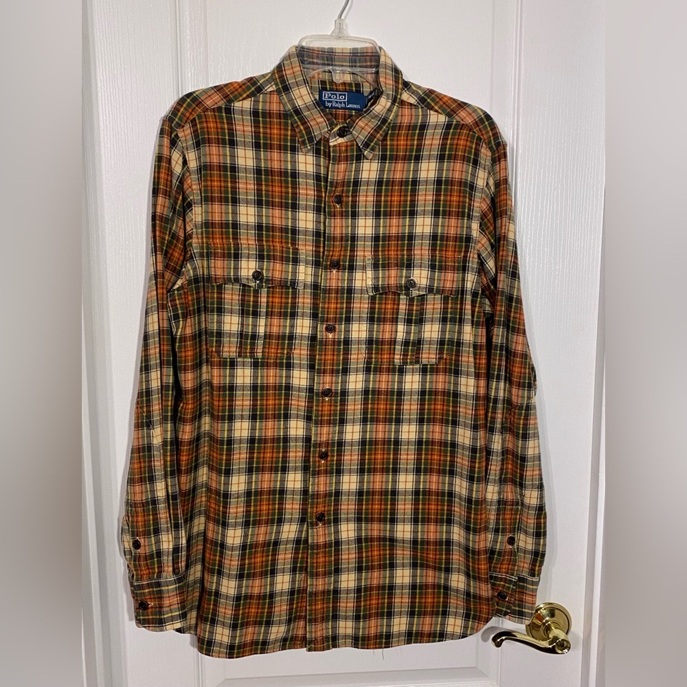 Y2K VTG Polo Ralph Lauren Plaid Flannel Shirt Orange Green Men’s Medium